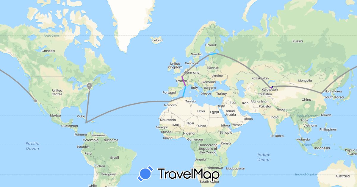 TravelMap itinerary: driving, plane, train, boat in China, Germany, Algeria, Estonia, France, Jamaica, Kyrgyzstan, Kazakhstan, Morocco, Russia, United States (Africa, Asia, Europe, North America)